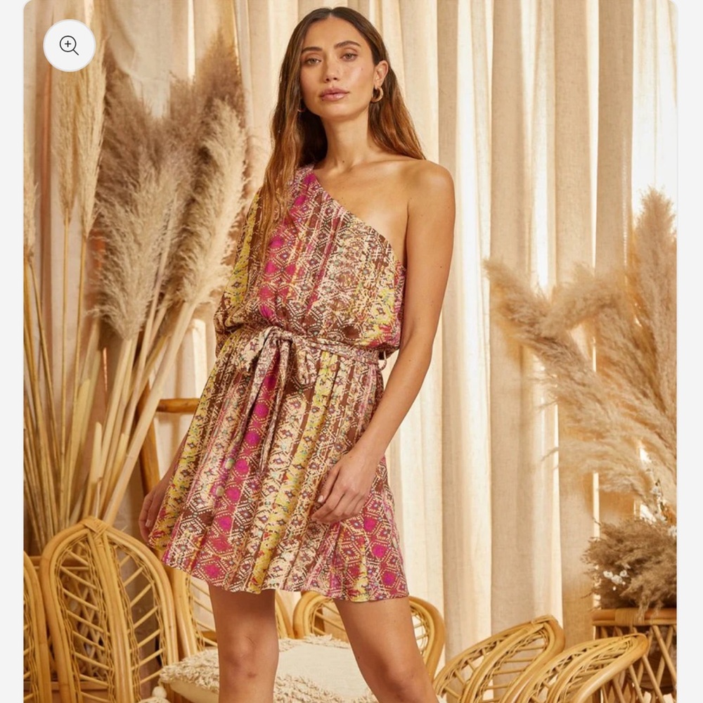 Savanna Jane One-Shoulder Mini Dress in Pink and Yellow Paisley